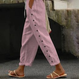 Summer Side Buttons Casual Trousers Women Solid Loose Cotton Linen Harem Pants Woman Vintage Ankle-Length Wide Pants 240522