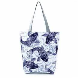 Shoulder Bags Chinese Style Blue Carp Print Tote Bag Women Large Capacity Eco Reusable Shopping Outdoor Handbag Wholesale