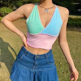 Women's Tanks 2024 Summer Halter Cropped Tops Sexy V-neck Tank Top Women Backless Vest Sleeveless Patchwork Camis Tube Y2K Clothes