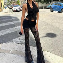 Women's Pants Lace See-through Flare Sexy Slim Patchwork High Waist Full Length Spring Summer Street Trousers YWFD004