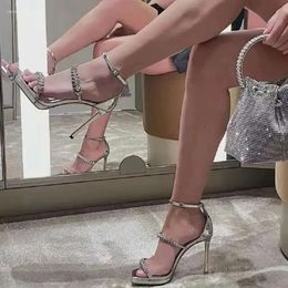 Heel Sandals Rhinestone Chain High Women's Thick Sole Waterproof Platform Summer Crystal Square Head Thin c97