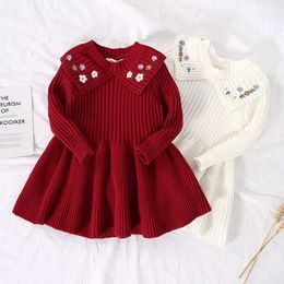 Girls Spring 2023 New Lapel Flower Embroidery Baby Knitwear Warm Knit Pullover For 1-7 Year Girl Sweaters L2405