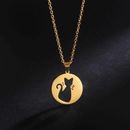 Pendant Necklaces Cazador Gold Cute Animal Cat Necklace Womens Stainless Steel Round Pendant Jewellery Necklace 2024 Birthday Gift d240522