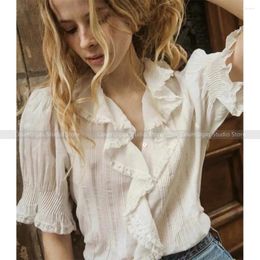 Women's Blouses 2024 Spring And Summer French Colour Ruffled Collar Cotton Short Sleeve Pinch Pleat Design Temperament Shirt Blouse