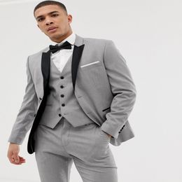 Custom Made Grey Mens Suits Black Lapel Slim Fit Wedding Suits for Groom Groomsmen Prom Casual Suits Jacket Pants Vest Bow Tie 3208