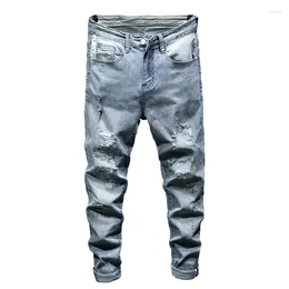 Men's Jeans Brand Men Ripped Skinny Slim Light Blue Stretch 2024 Spring Moto Distressed Hip Hop Streetwear Man Denim Trousers