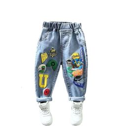 Kinder Jeanshosen Frühling und Herbst Stretch Pant 2023 Neue Jungen Baby Lose Print Füße Hosen L2405