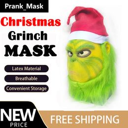 Christmas Grimmick Funny Mask Grinch Dress Up Green Furry Grimmick Latex Mask Headgear Xmas Stuffed Mask Adult Children Cosplay Grimmick Props
