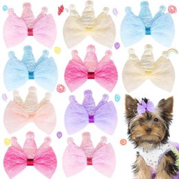 Dog Apparel 50pcs Lace Pet Bow Hair Clips Colourful Princess Crown Accessories For Small Girls Women Barrettes Cat Products