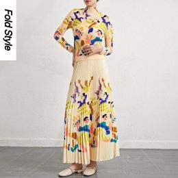Work Dresses Fashion Retro Set Women's Autumn Oil Painting Pleated Chiffon Long Sleeve Top High Waist Half Skirt Two Piece