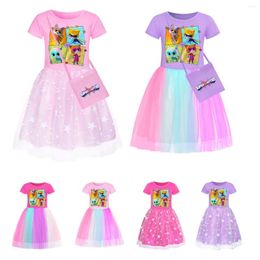 Girl Dresses Cute Super Kitties Clothes Kids Short Sleeves A-Line Dress For Girls Casual Bag Party Vestidos