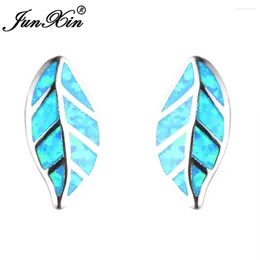 Stud Earrings JUNXIN Leaf Design Blue Fire Opal Earring Female Silver Colour Double Sided For Women