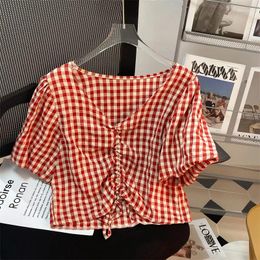 Women's T Shirts Chequered T-shirt Short Sleeved Shirt Front Shoulder Top Summer Drawstring V-neck Pure Desire Spicy Girl Y2k