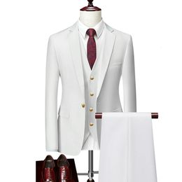 Fashion Mens Leisure Boutique Solid Colour Slim Fit Suit Pants 3 Pcs Set Male Casual Dress Blazers Jacket Trousers Vest 240514