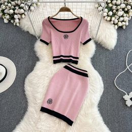Work Dresses Summer Fashion Suit Female Girl Sexy Round Neck Short Section Exposed Navel Knitted Top High Waist Skirt Two-piece Set