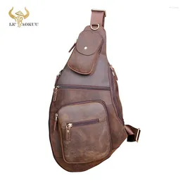 Waist Bags Quality Leather Men Casual Fashion Travel Triangle Chest Sling Bag Brown Design 8" Tablet One Shoulder Daypack Male 3080