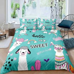 Bedding sets Cartoon Llama Alpaca Sets for Kids Boys Girls Floral Quilt Cover Room Decor Bedroom Collection 3Pcs Queen King Full Size H240521 DLUP
