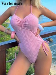 Women's Swimwear Sexy Halter V Neck Padded Backless Women One Piece Swimsuit Female High Leg Cut Lace Up Bather Bathing Suit Swim V4986