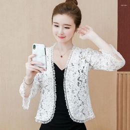 Women's Jackets Fashion For Women 2024 Beading Hollow Out Lace Cardigan Jacket Black White Short Coat Clothes B891