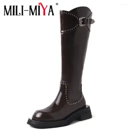 Boots MILI-MIYA Classic Metal Rivet Women Cow Leather Knee High Round Toe Thick Heels Solic Color Caual Street Shoes