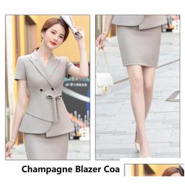 Two Piece Dress Summer Short Sleeve Formal Professional Women Business Suits 2 Set With Skirt And Tops Ol Styles Ladies Career Drop De Dho4A