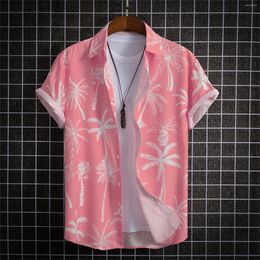 Men's Casual Shirts Pink Summer Top Palm Tree Printed Graphic Loose Blouse Short Sleeve Button Up Beachwear Male