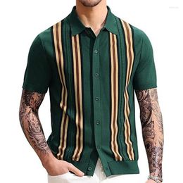Men's Polos Knitted Short Sleeved Polo Shirt Casual Slim Fit Suit Collar Button Breathable Summer Top Stripes Contrasting Half Sleeves