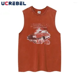 Men's Tank Tops Vintage Car Print Top Mens Summer High Street Washed Distressed Crew Neck Loose Singlets Men