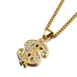 Hip Hop Iced Out Bling US Dollar Sign Pendant 14K Gold Money Necklace For Men Women Hiphop Jewelry Gift