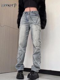 Women's Jeans Weekeep Vintage Star Print Low Rise Denim Straight Pants Womens Y2k Streetwear Baggy Casual Harajuku Korean Fashion