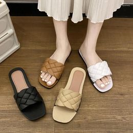 Slippers MCCKLE Women Summer 2024 Square Toe Weave Ladies Flat Shoes Fashion Causal Comfortable Female Slipper Woman Flip-flops