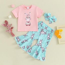 Clothing Sets 2024-12-28 Lioraitiin Summer Baby Girls Easter Outfit Print Short Sleeve T-shirt With Flare Pants Headband Set