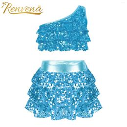 Clothing Sets Kids Girls Two Pieces Jazz Dance Outfit Shiny Sequins Tiered Metallic Crop Top With Skirted Shorts Childs Carnival Party