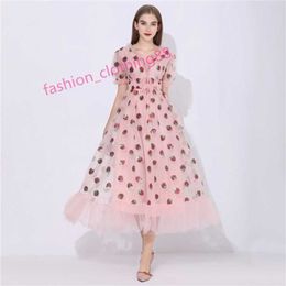 Sequins Strawberry Dress Women Elegant Long Dress V Neck Puff Sleeve Mesh Sexy Party Dresses Vintage Floral Dress Women Robe 210311