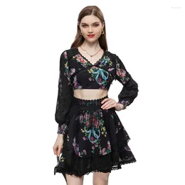 Work Dresses Sexy Summer Outfits Women Two Pieces Set Crochet V Neck Fringe Tassel Bare Back Crop Top Pullover Floral A Line Mini Skirt