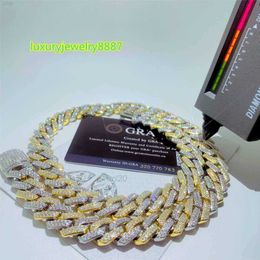Designer Cuban Link Chain Pendant Necklaces Custom Gold Plated Two Tone Miami Cuban Link Chain 14mm 2 Row Vvs Moissanite Cuban Chain Bracelet Pass Diamond Test Men Nec