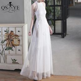 Party Dresses White Tulle A Line Evening High Neck Crystal Beading Straps Prom Gown Sequin Long Dress Women Lace Formal