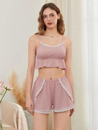 Women's Tracksuits Women Pyjamas Set 2 Pieces Loungewear Suits Lace Patchwork Camisoles Tank Tops Elastic Waist Shorts Sleepwear Outfits