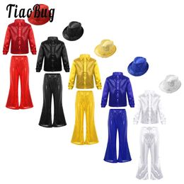 Kids Jazz Costumes Children Boys Girls Modern Disco Dancing Outfits Party Shiny Sequin Dance Shirts Flared Pants and Hat L2405