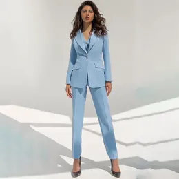 Men's Suits Women Pant Suit Light Blue Long Sleeve Blazer & Trouser Formal Single Button Office Ladies Female Business Work Wear 3 Piece Set