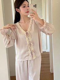 Women's Sleepwear Ice Silk Jacquard Lace Pyjama For Women Spring Autumn Solid Long Sleeve Girl Home Wear Fashion V-Neck Thin Suit