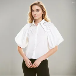 Women's Blouses Puff Sleeve Short Shirts For Women Lapel Patchwork Diamonds Solid Loose Female Fashion Clothing Spring 2024