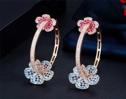 CWWZircons Designer Elegant Micro Pave Blue Red CZ Light Gold Color Big Round Flower Hoop Earrings for Women Jewelry Gift CZ810 219079860