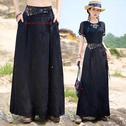 Ethnic Clothing 2024 Chinese Vintage Skirt National Flower Embroidered Satin Jacquard Oriental Traditional Folk A-line Loose