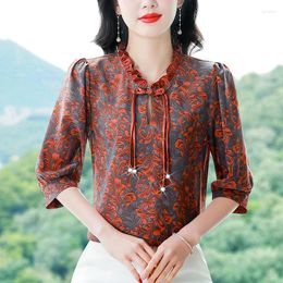 Women's Blouses 2024 Summer Chinese Style Women Shirt Retro Floral Printed Tops 3/4 Sleeve Patchwork Pullovers Blouse