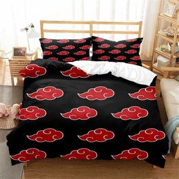 Set di biancheria da letto Red Cloud Anime ANIME 3D Cartoon piumino set di coperture comode biancheria da letto biancheria da letto akatsuki giapponese doppia regina re regali singola sizeq240521