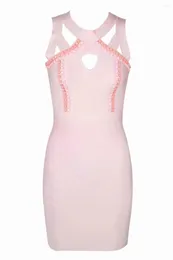 Casual Dresses High Quality Women Handmade Beaded Bandage Dress Style Fashion Pink Sleeveless Hollow Out Sexy Evening Party Vestido