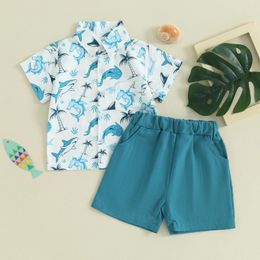 Clothing Sets FOCUSNORM 2pcs Toddler Kids Boys Summer Clothes 0-4Y Short Sleeve Lapel Cartoon Print Tops And Solid Colour Shorts