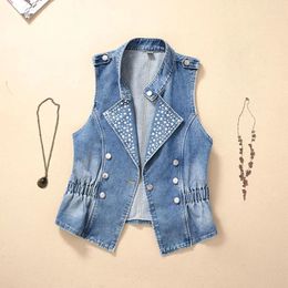 Women's Vests Vintage Wash Blue Denim Vest Women Waistcoat Rivet Suit Collar Elastic Waist Slim Cowboy Sleeveless Jackets Jeans Female