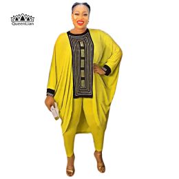 Batwing Sleeves Blinged Out Top with Tight Pants Set African Dresses Dashiki for Women